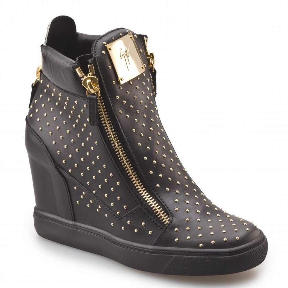 Giuseppe Zanotti Wedge Sneaker Black Leather Gold Studded Boots Heels 39.5 9